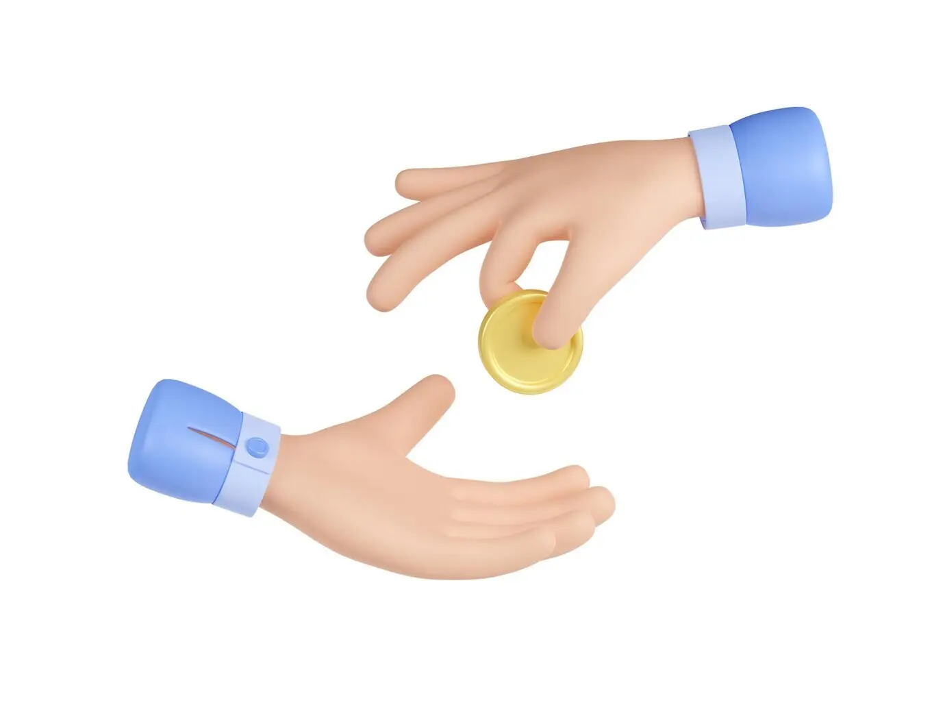 3D-рендер денежного платежа: рука передает монету в ладонь.